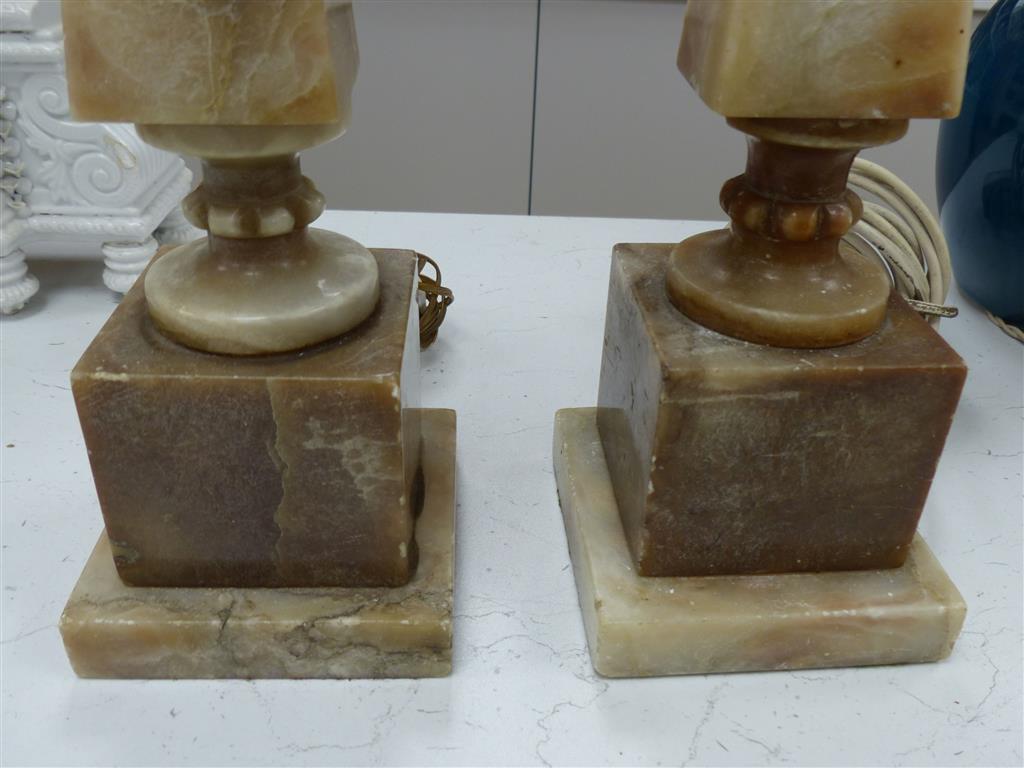 A pair of alabaster table lamp bases, height 45cm excl. electrical fittings